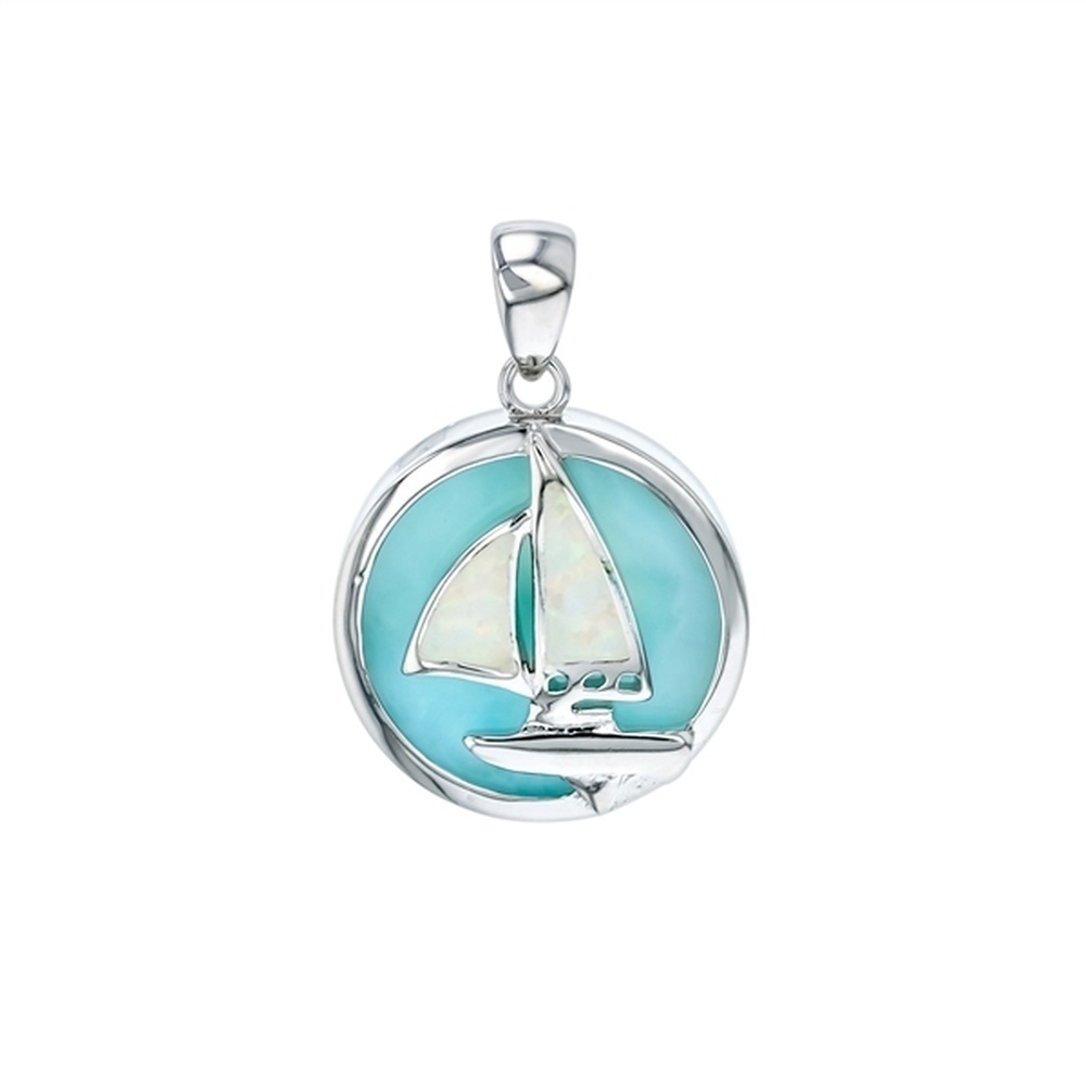925 Sterling  Silver Larimar White Opal Boat in Circle Pendant  4.16 gm